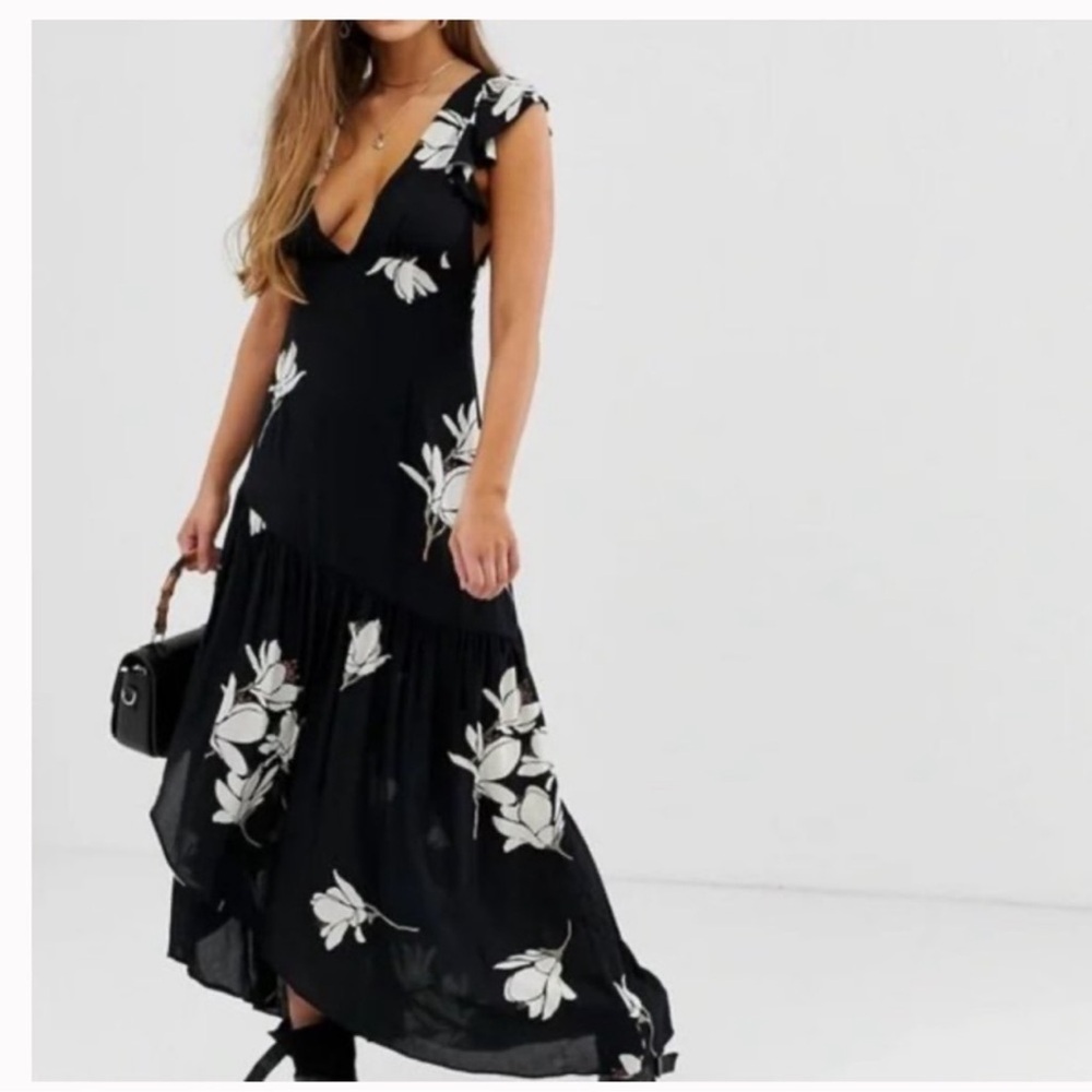 Free People She’s A Waterfall Floral Maxi Dress Black Ivory Size 4